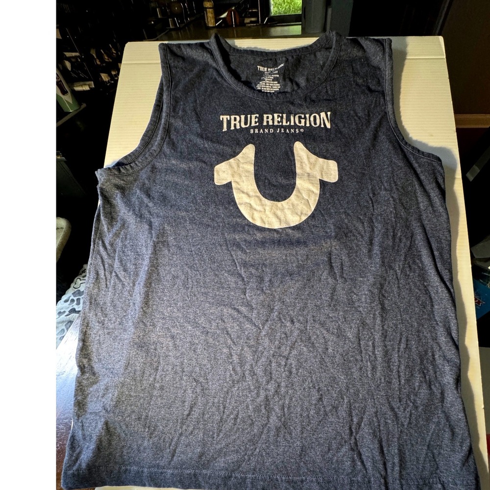 True Religion Mens XL Tank Top Blue Heather Horseshoe Logo Loungewear Sleeveless